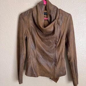 Zara Women Faux Suede Cowl Neck Moto BikerZipper Brown Jacket size XS